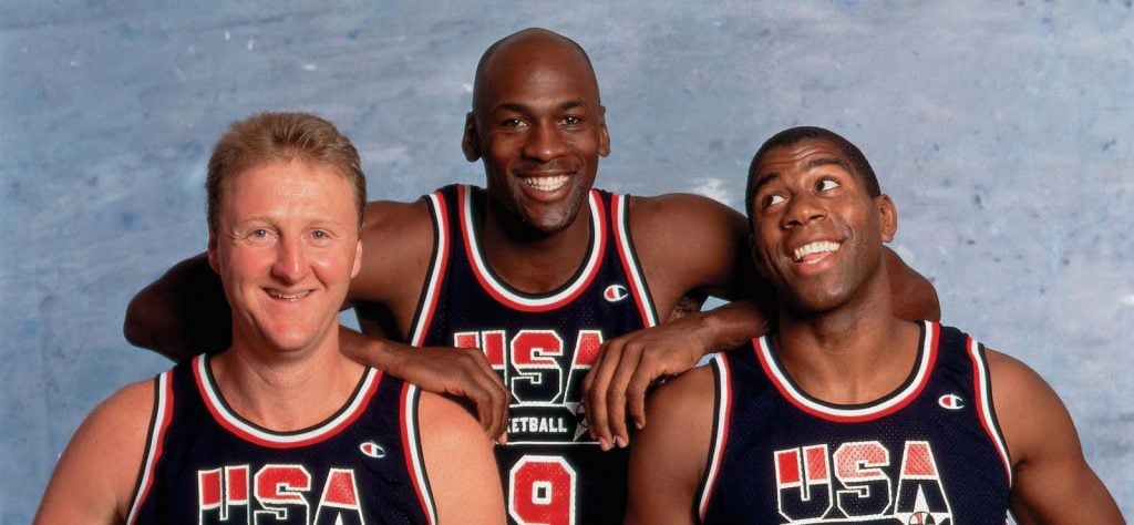 Larry Bird, Michael Jordan et Magic Johnson sous le maillot de Team USA