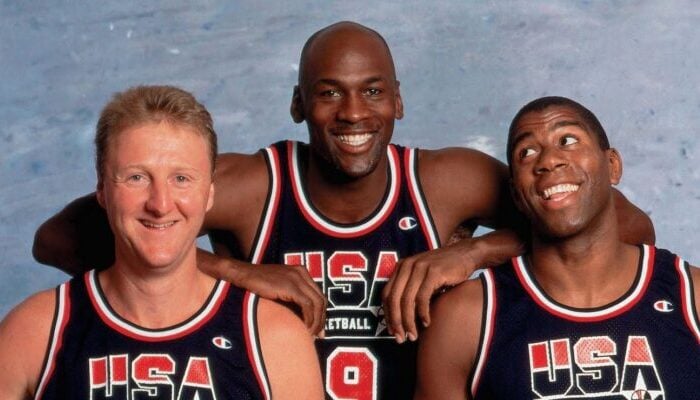 Larry Bird, Michael Jordan et Magic Johnson sous le maillot de Team USA