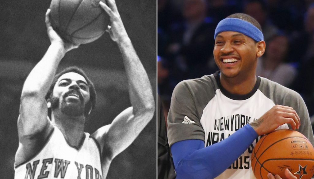 Montage montrant Walt Frazier à gauche, et Carmelo Anthony à droite, tous deux sous le maillot des Knicks