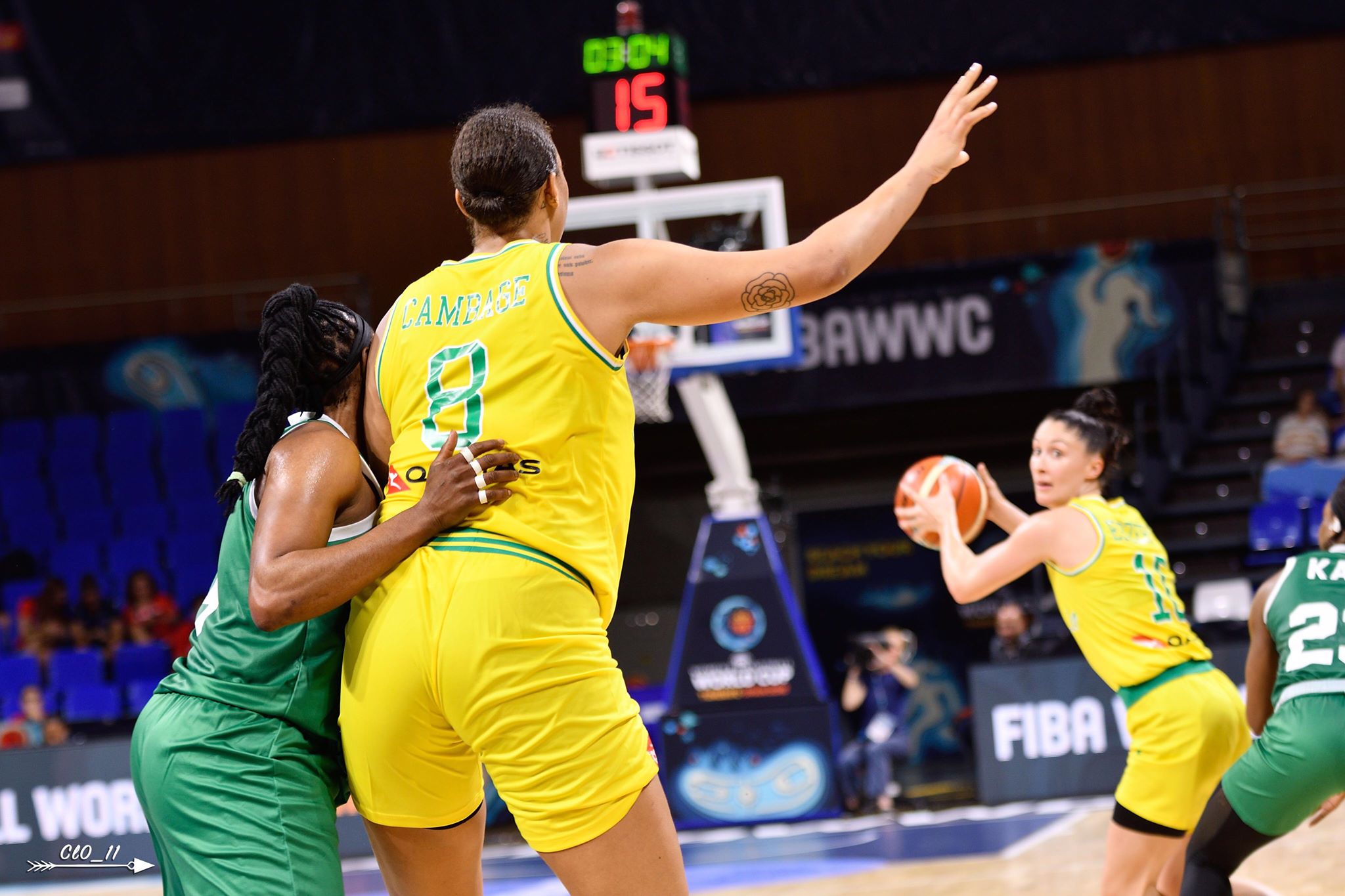 Liz Cambage sous le maillot de l'Australie appelle le ballon dos au panier face au Nigéria