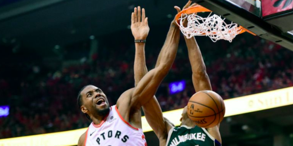 Kawhi Leonard Giannis Antetokounmpo Dunk Poster Toronto Raptors Milwaukee Bucks