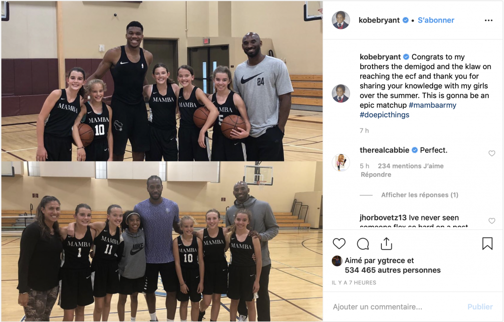 Kobe Bryant félicite Giannis Antetokounmpo et Kawhi Leonard sur son compte Instagram.