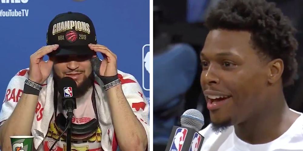 Kyle Lowry interviewe Fred VanVleet en conférence de presse après le Game 6 des Finales face aux Warriors