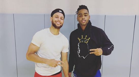 D'Angelo Russell et Steph Curry lors de leur premier entraînement