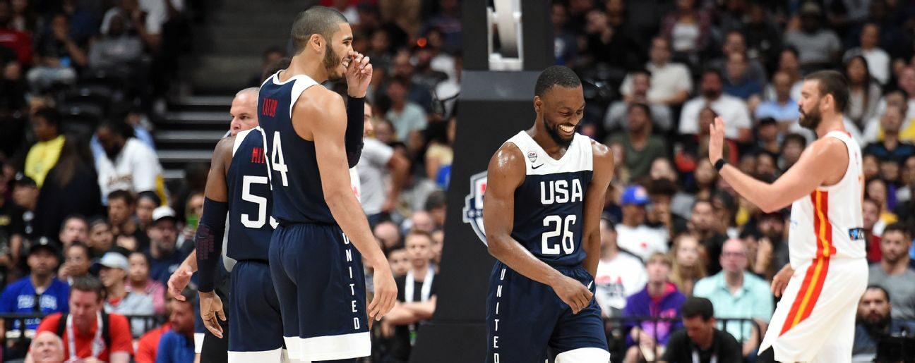 Kemba Walker et Jayson Tatum lors du match contre l'Espagne