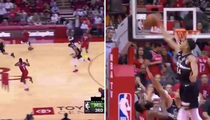 Giannis Antetokounmpo revient pour le chasedown block sur James Harden