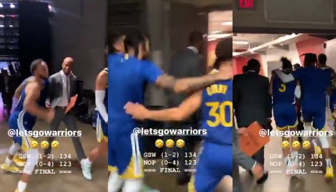 Stephen Curry et D'Angelo Russell fêtent la victoire des Warriors