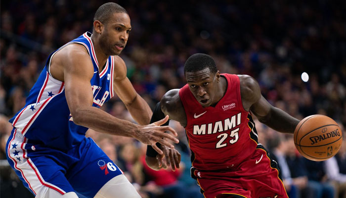 Kendrick Nunn du Heat de Miami face à Al Horford des Sixers de Philadelphie