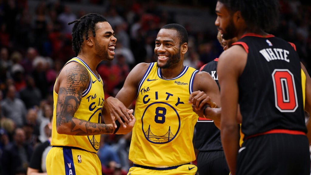 D'Angelo Russell, Alec Burks des Warriors et Coby White des Bulls