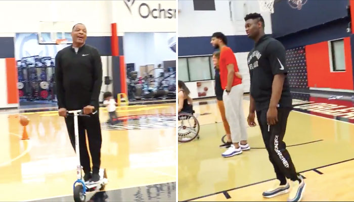 Alvin Gentry chante sur une trottinette devant les yeux de Zion Williamson