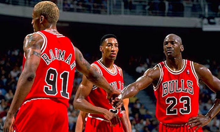 Jordan, Pippen et Rodman en 1998 avec les Bulls