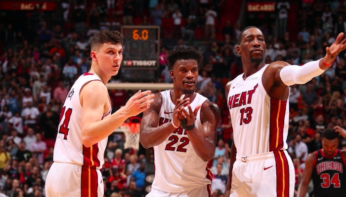 tyler herro, jimmy butler et bam adebayo sous le maillot du Heat