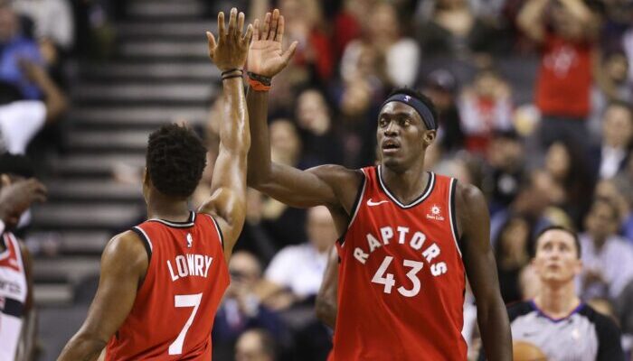 Kyle Lowry et Pascal Siakam lors du match opposant les Toronto Raptors aux Washington Wizards, le 13 février 2019