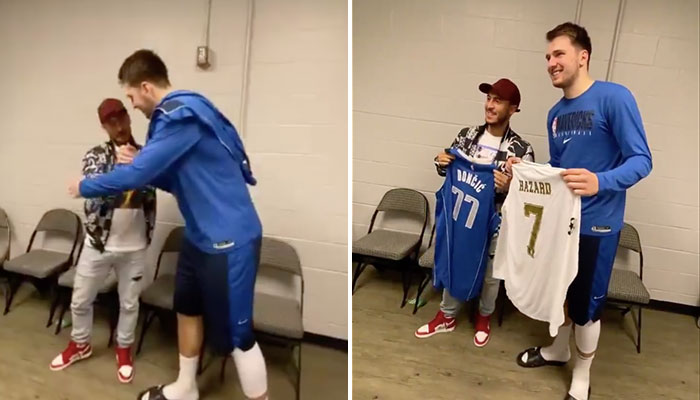 Eden Hazard salue Luka Doncic dans les couloirs de l’American Airlines Center après la rencontre entre les Dallas Mavericks et les New Orleans Pelicans