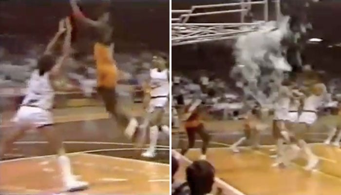 Michael Jordan monte au dune et explose la planche d’un panier lors d’un match d’exhibition, en 1985