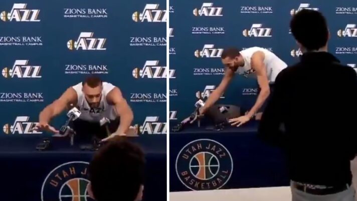 Rudy Gobert touche les micros