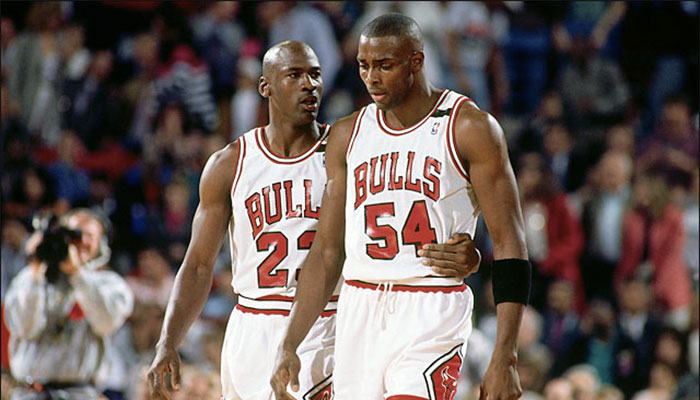 Michael Jordan et Horace Grant sous le maillot des Chicago Bulls