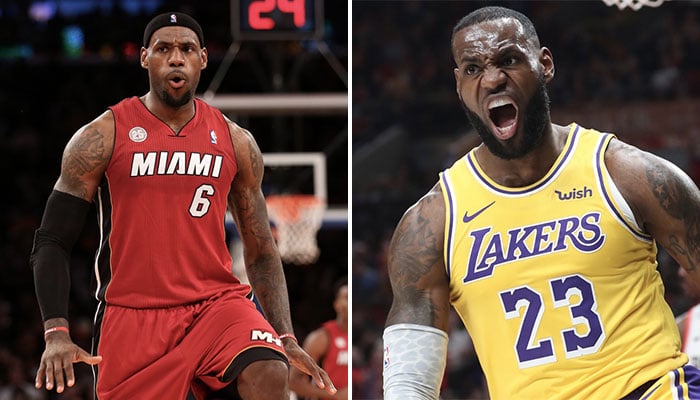LeBron James sous le maillot du Miami Heat et des Los Angeles Lakers