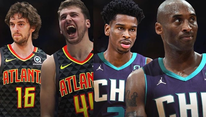 Pau Gasol et Luka Doncic sous le maillots des Atlanta Hawks : Shai Gilgeous-ALexander et Kobe Bryant sous le maillot des Charlotte Hornets