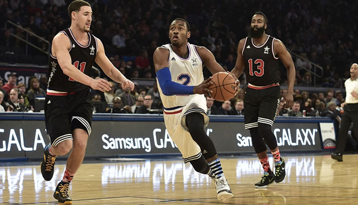 Klay Thompson, John Wall et James Harden lors du All Star Game 2015 à New York