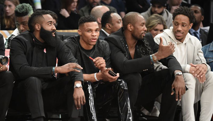 James Harden, Russell Westbrook, Serge Ibaka et DeMar DeRozan lors du All-Star Game NBA 2018