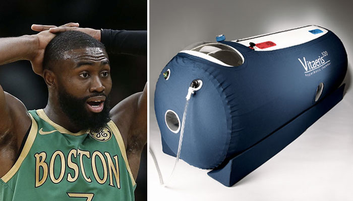 Le joueur NBA des Boston Celtics Jaylen Brown et un caisson de sommeil hyperbare