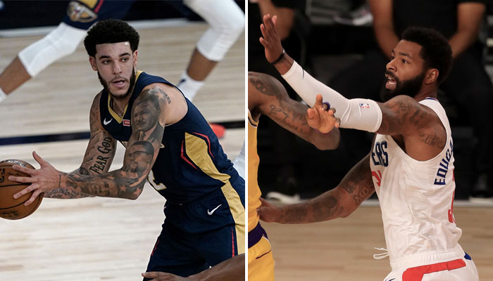 Le joueur des New Orleans Pelicans Lonzo Ball face au Utah Jazz, et le joueur des Los Angeles Clippers Marcus Morris face aux Los Angeles Lakers