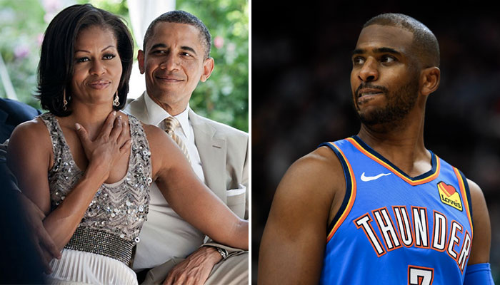 Michelle Obama accompagné de son mari, l’ancien président américain Barack Obama, ainsi que le joueur NBA du Oklahoma City Thunder Chris Paul