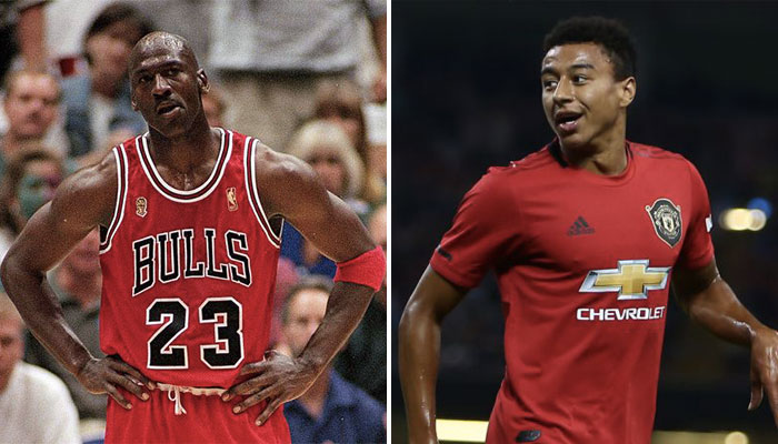 La légende NBA Michael Jordan sous le maillot des Chicago Bulls, et le joueur de football de Manchester United Jesse Lingard