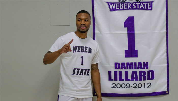 Damian Lillard lors de sa cérémonie de retrait de maillot à Weber State