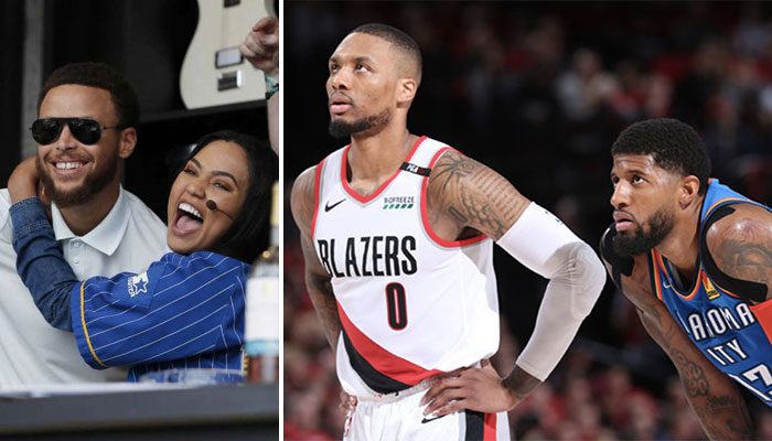 Ayesha Curry enlace la star NBA Stephen Curry dans ses bras ; les superstars Damian Lillard et Paul George lors d’un match entre les Portland Trail Blazers et le Thunder d’Oklahoma City