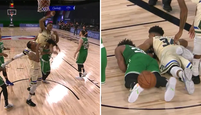 Chute Giannis Antetokounmpo et Marcus Smart-NBA