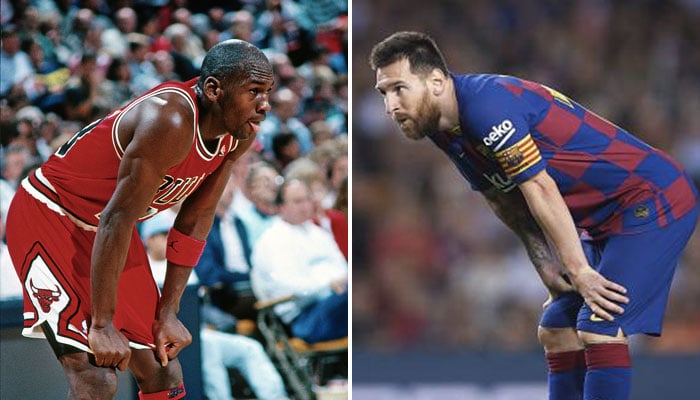 La légende NBA des Chicago Bulls Michael Jordan et la superstar du FC Barcelone Lionel Messi
