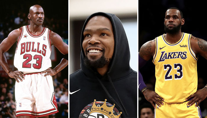 Les superstars NBA Michael Jordan (Chicago Bulls), Kevin Durant (Brooklyn Nets) et LeBron James (Los Angeles Lakers)