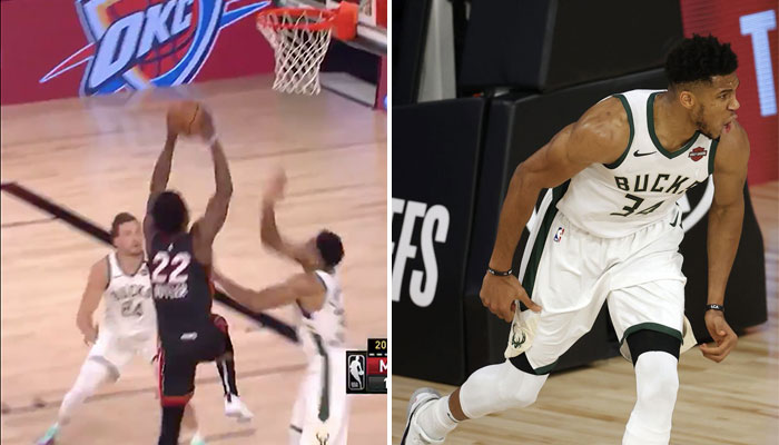 La superstar NBA Giannis Antetokounmpo contre Jimmy Butler sur sa tentative de dune lors du Game 1 entre les Milwaukee Bucks et le Miami Heat