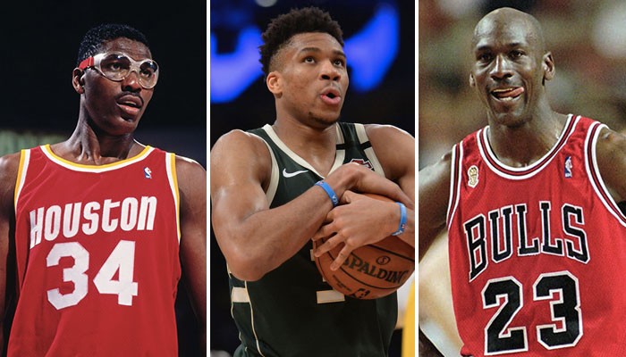 Les superstars NBA Hakeem Olajuwon, Giannis Antetokounmpo et Michael Jordan