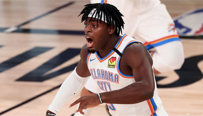 Le rookie du Thunder d’Oklahoma City Luguentz Dort crie lors d’un match face aux Houston Rockets lors des playoffs NBA 2020