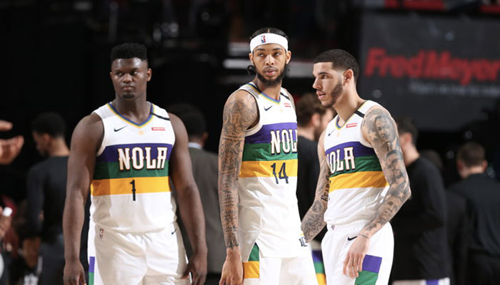 Les jeunes stars NBA des New Orleans Pelicans Zion Williamson, Brandon Ingram et Lonzo Ball