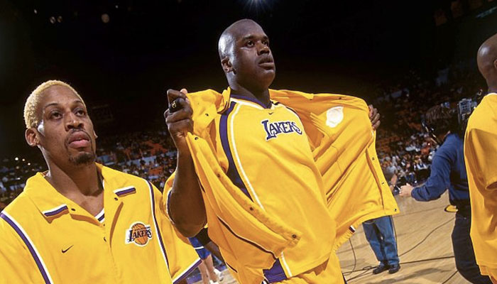 Dennis Rodman et Shaquille O’Neal sous les couleurs des Lakers lors de la saison NBA 1998-99