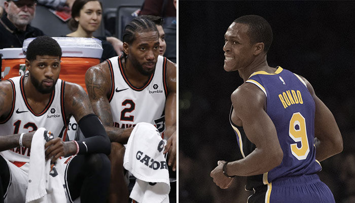 Les deux superstars NBA des Los Angeles Clippers, Paul George et Kawhi Leonard, dépités sur le banc, ainsi que le meneur vétéran des Los Angeles Lakers, Rajon Rondo, tout sourire