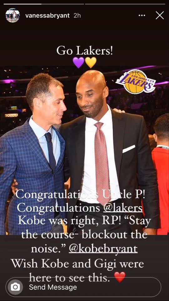 Vanessa Bryant salue le titre des Lakers en hommage à son mari Kobe