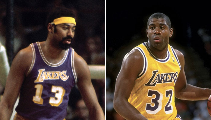 Les deux légendes NBA Wilt Chamberlain et Magic Johnson sous le maillot des Los Angeles Lakers