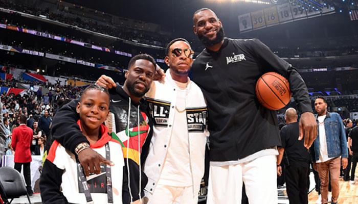 LeBron James avec la superstar d'Hollywood Kevin Hart et le rappeur Ludacris au All-Star Game NBA