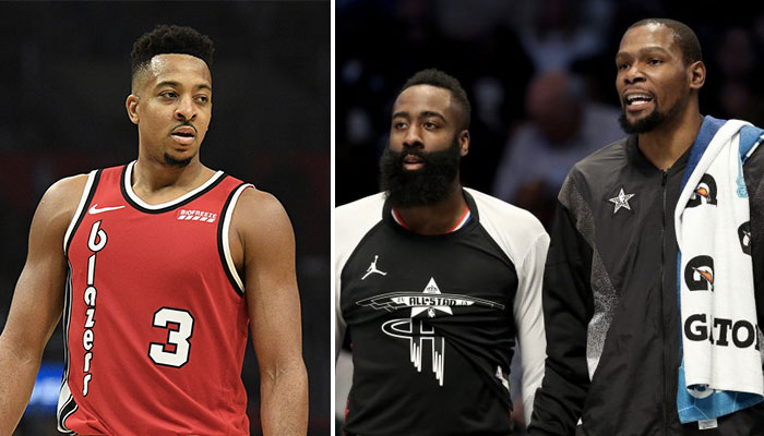 L’arrière des Portland Trail Blazers C.J. McCollum (gauche), ainsi que les deux All-Stars NBA James Harden et Kevin Durant (droite)