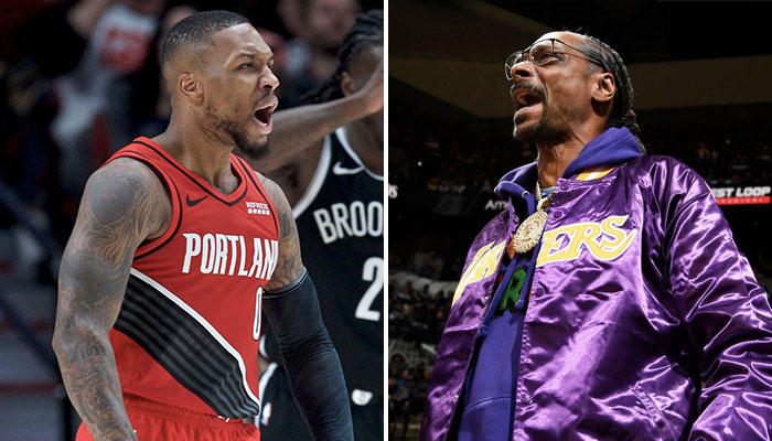 La superstar NBA des Portland Trail Blazers, Damian Lillard (gauche), hurle à la manière du célèbre rappeur américain, fan des Los Angeles Lakers, Snoop Dogg (droite