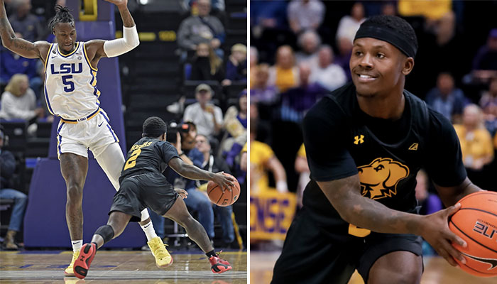 Le meneur de poche de l’équipe NCAA de UMBC, Darnell Rogers, face aux LSU Tigers de Emmitt Williams