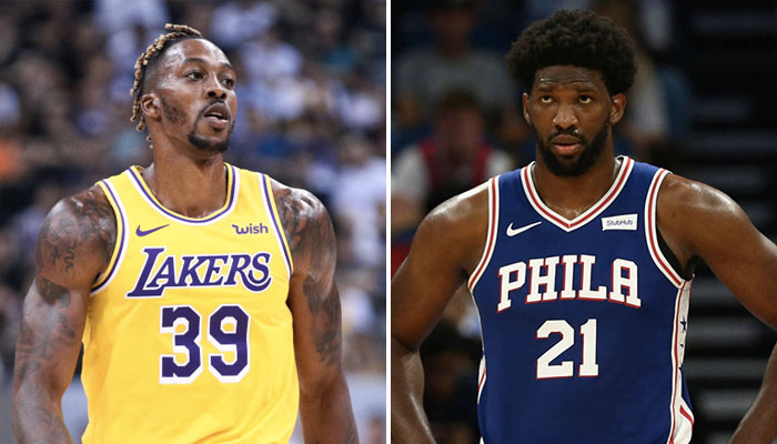 Le nouveau pivot des Philadelphia 76ers, Dwight Howard, sous les couleurs des Los Angeles Lakers, aux côtés de son nouveau coéquipier, la star NBA Joel Embiid