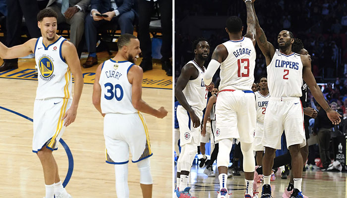 À gauche, les superstars NBA des Golden State Warriors Klay Thomson et Stephen Curry ; à droite, celles des Los Angeles Clippers Paul George et Kawhi Leonard