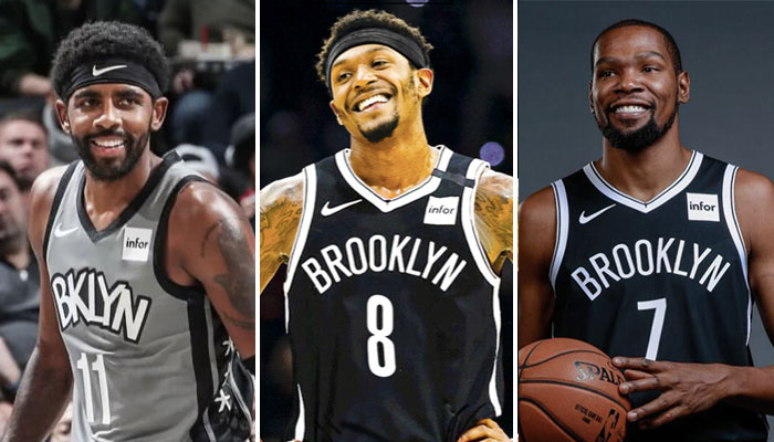 Les superstars NBA Kyrie Irving, Bradley Beal et Kevin Durant sous le maillot des Brooklyn Nets