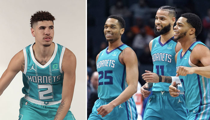 Le futur rookie des Charlotte Hornets, LaMelo Ball, moqué par l’un de ses nouveaux coéquipiers à Charlotte, ici représenté par P.J. Washington, Cody Martin et Miles Bridges